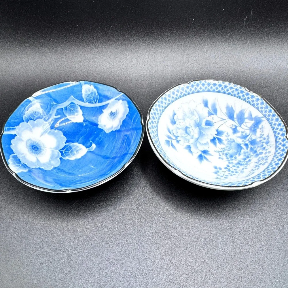 Takahashi San Francisco Blue White Floral‎ Porcelain Bowls Scalloped Vintage Set